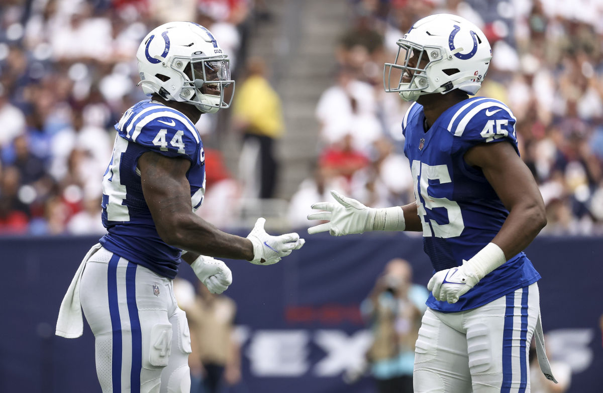 Sep 11, 2022; Houston, Texas, USA; Indianapolis Colts linebacker Zaire Franklin (44) and linebacker E.J. Speed (45) react after a play during the game against the Houston Texans at NRG Stadium.